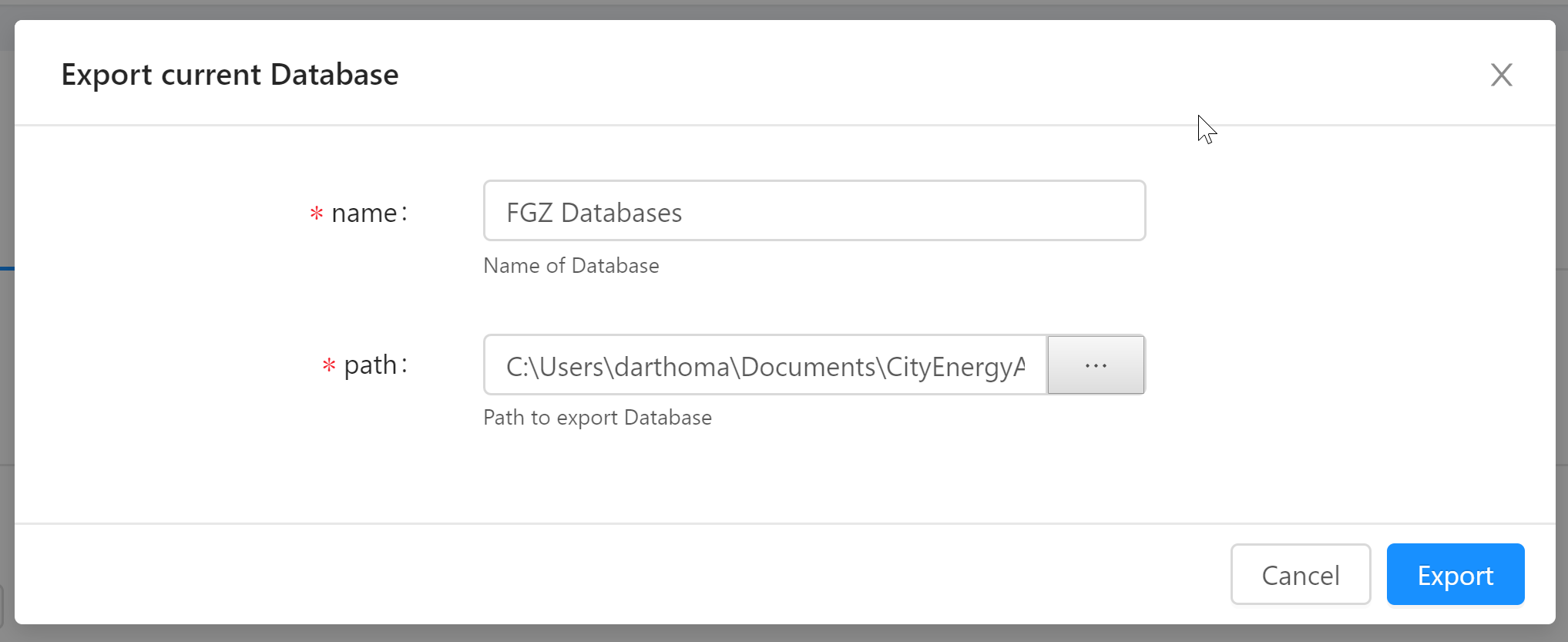 The Export Database Dialog
