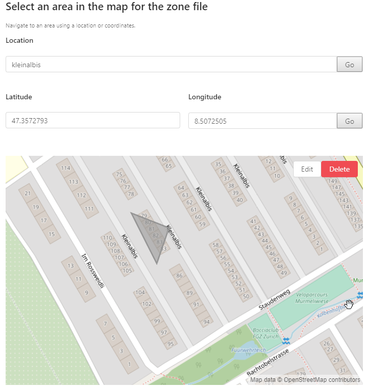 Selecting an area in the map for the zone file